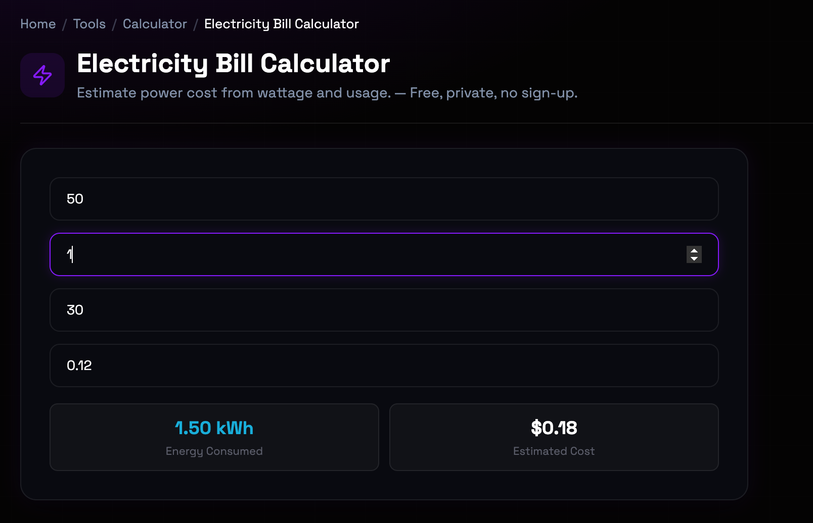 How to use Electricity Bill Calculator online — free, fast, and private